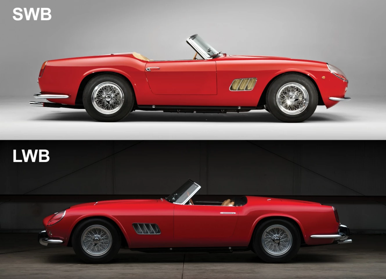 There are two main variants to the Ferrari 250 GT California Spider series, distinguished by the LWB (Long Wheelbase - 2,600 mm) and SWB (Short Wheelbase - 2,400 mm) nomenclature