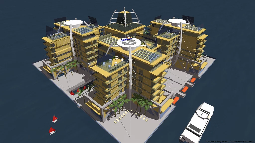 In constructing the seasteads designers should keep in mind that they can't flee rough seas and need to be able to weather a heavy storm (image by Seasteading Media)