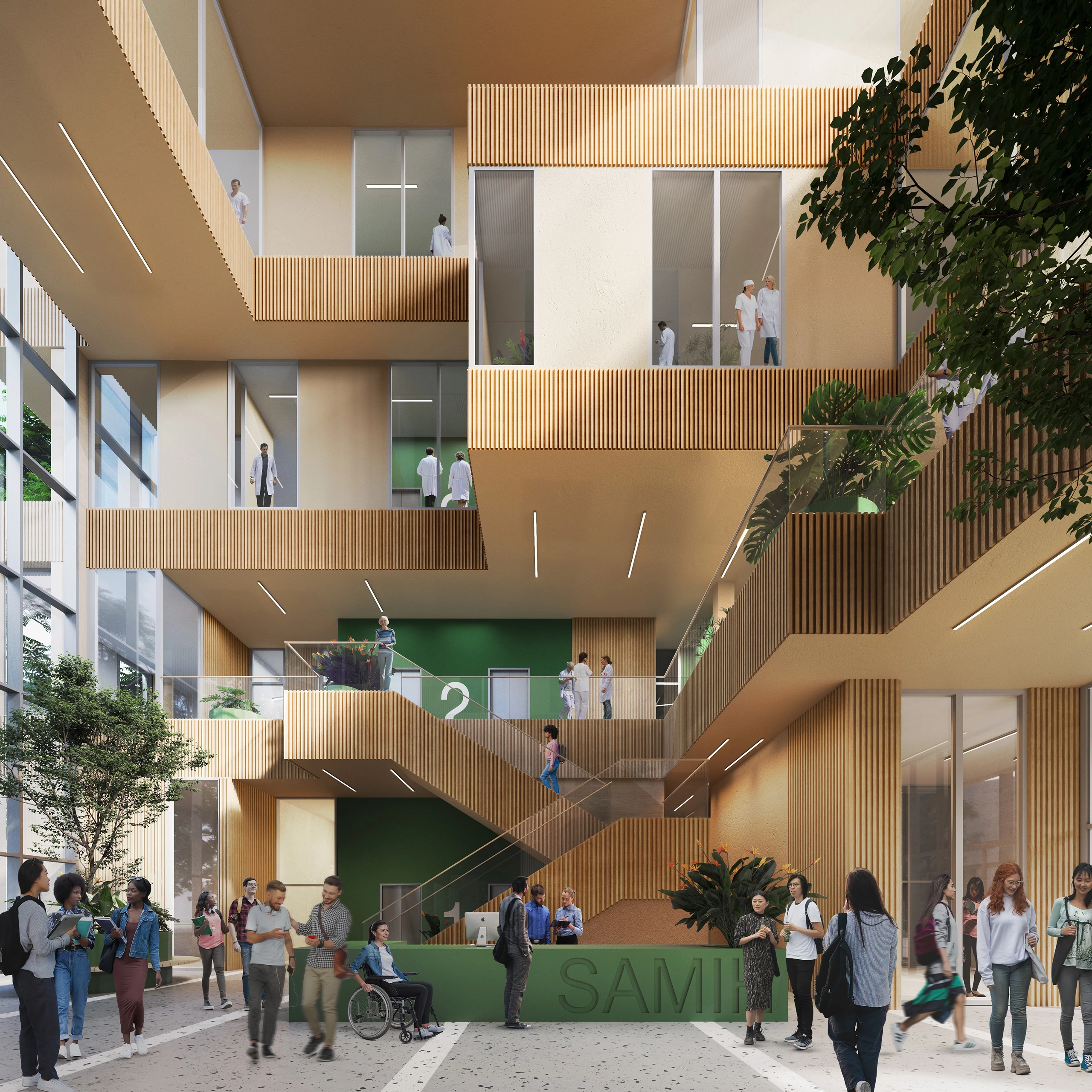 SAMIH will host offices and classrooms on the western side of the atrium and laboratories on the eastern side