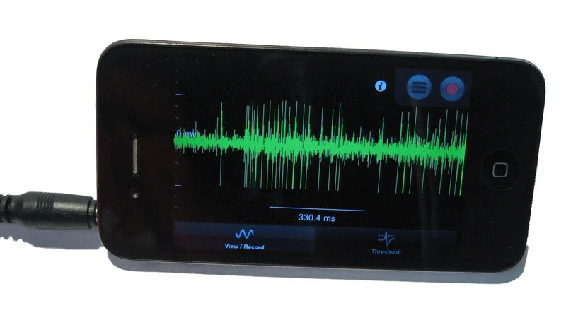 Using an optional connector and app, the SpikerBox output can be displayed on a mobile device