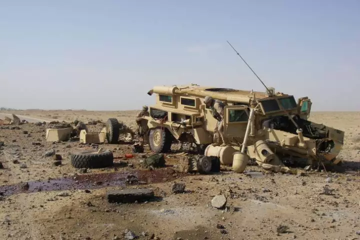 The U.S. Army is deploying personal blasts sensors for soldiers to record data from IED attacks (Photo: Cougar vehicle struck by IED, Credit: Department of Defense)