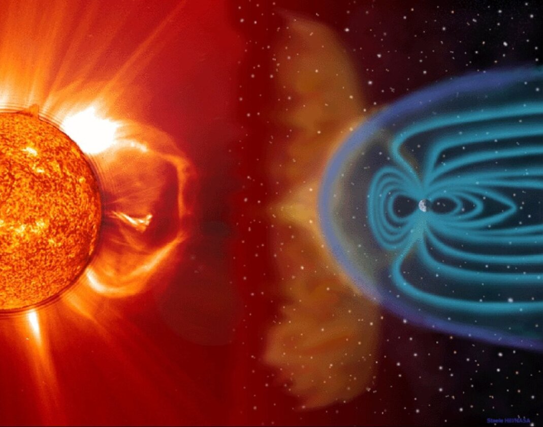 Composite image of the Sun and an artist's impression of Earth's magnetosphere