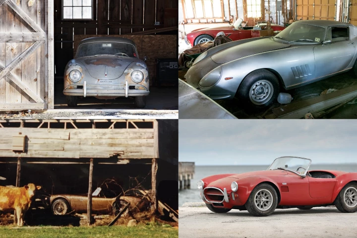 From top left clockwise: 1957 Porsche 356 A 1500 GS Carrera Coupe, 1966 Ferrari 275 GTB Long Nose Alloy, 1967 Shelby 427 Cobra, 1963 Shelby 289 Cobra