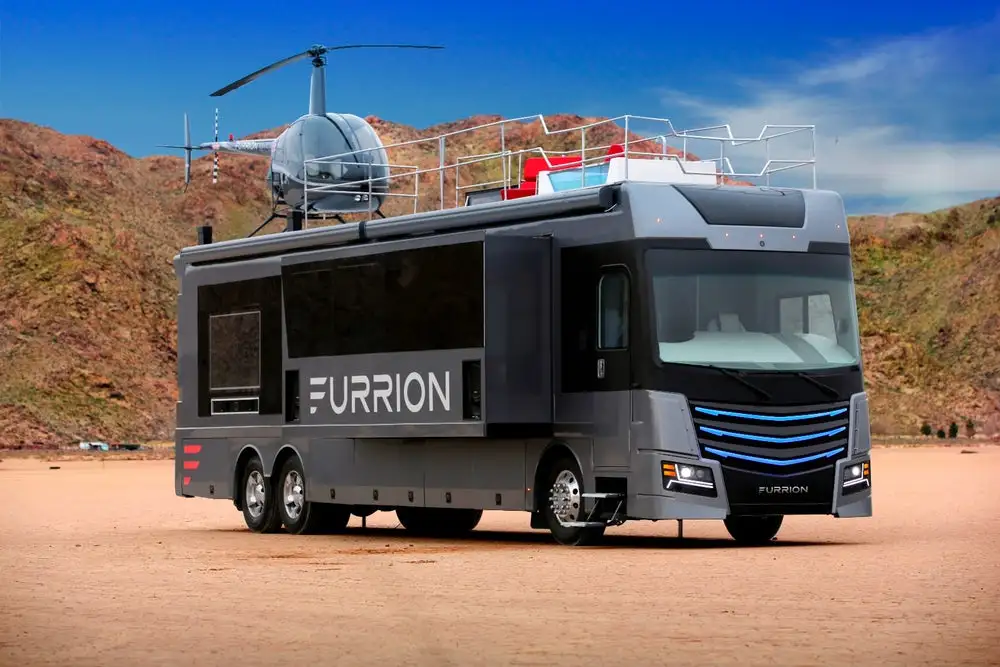 The Furrion Elysium includes a height-adjustable rooftop helipad and hot tub