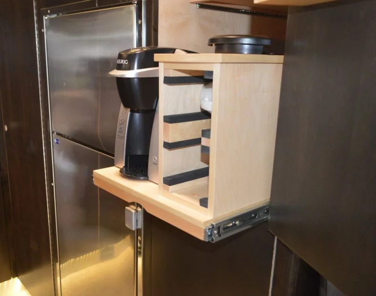 The EarthRoamer we toured had a variety of upgrades, including this slide-out Keurig (Photo: C.C. Weiss/Gizmag)