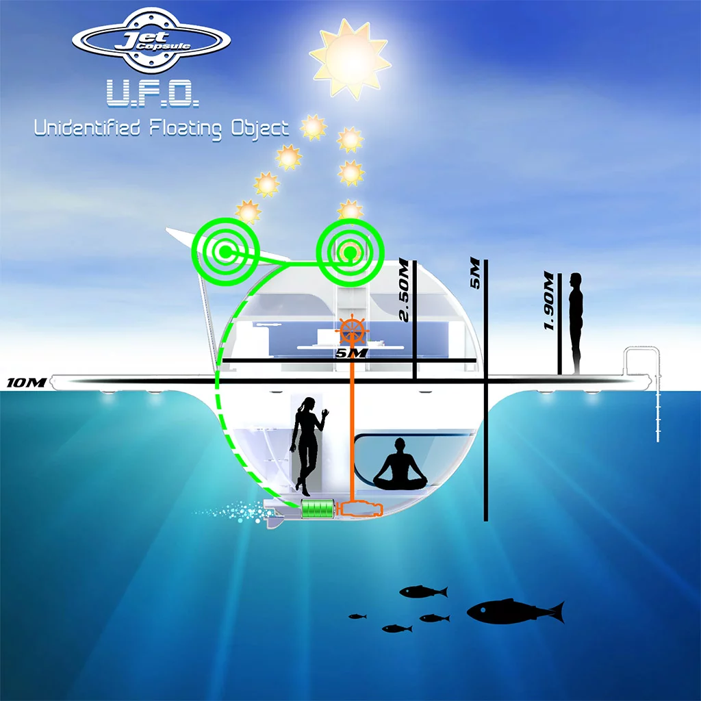 "It's a floating solar powered house with a 12 horse power electric engine that is able to move the floating structure for short distances," explains Rasini
