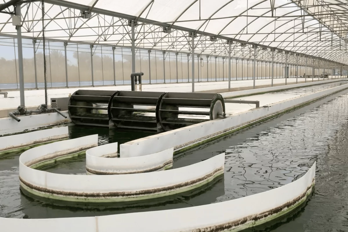 A "raceway"-type microalgae pond, which could be used to purify irrigation runoff from greenhouses