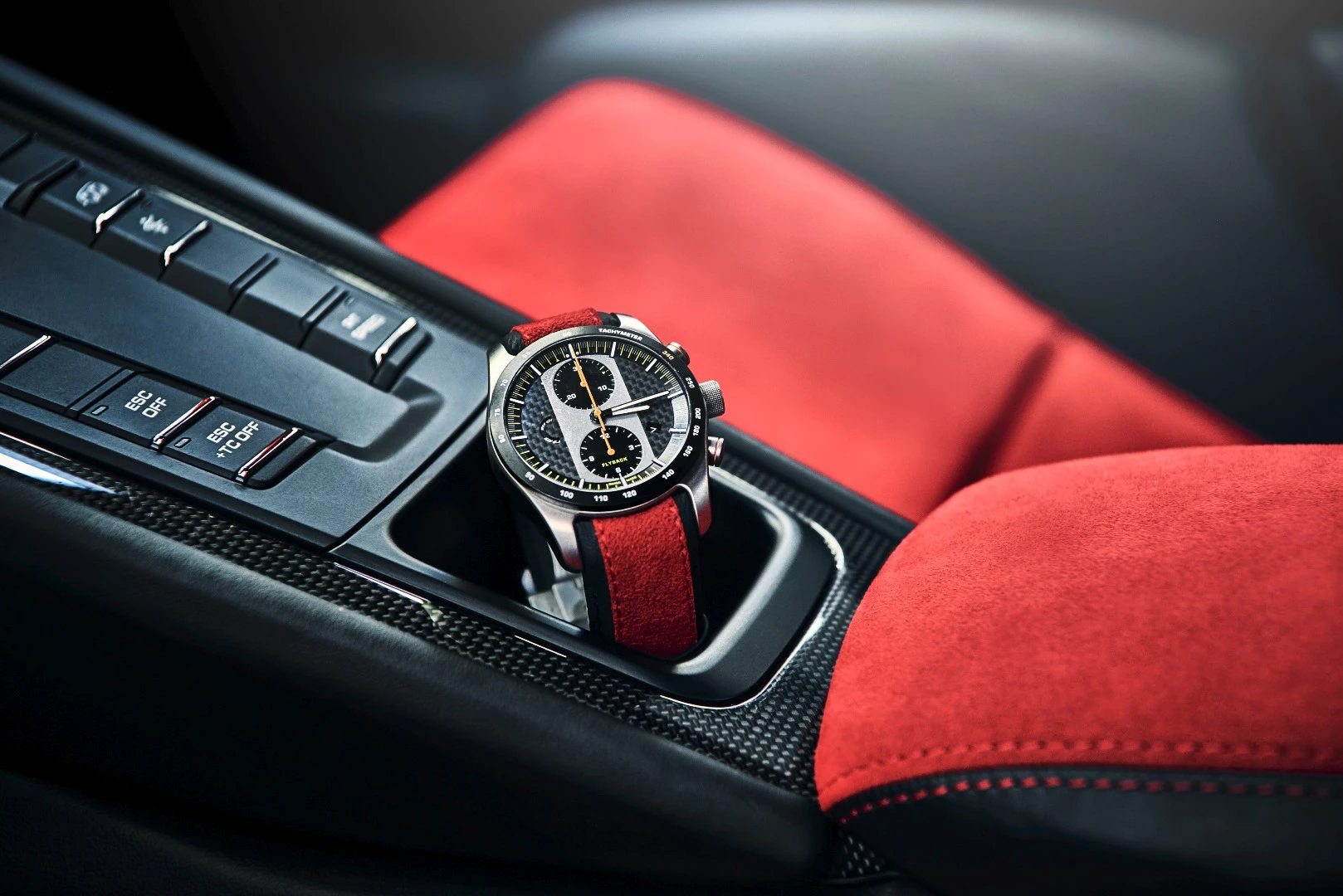 The Porsche Design chronograph looks right at home inside the 911 GT2 RS