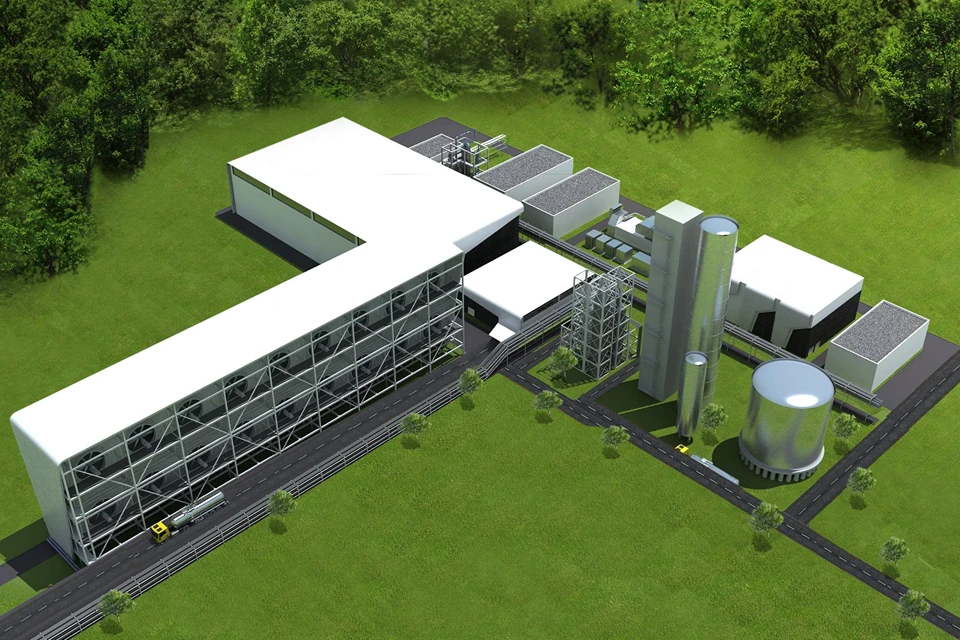 Graphical representation of a facility that would use Carbon Engineering's AIR TO FUELS process to manufacture roughly 250 barrels per day of clean burning synthetic fuel
