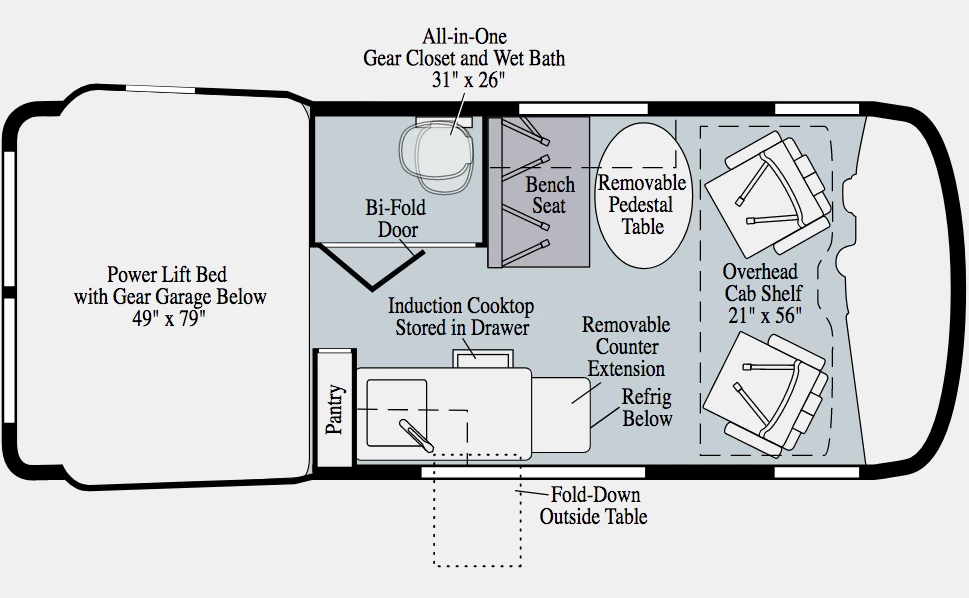 The 2021 Winnebago Revel's floor plan brings some changes like the oval table, repositioned fridge and portable cooktop