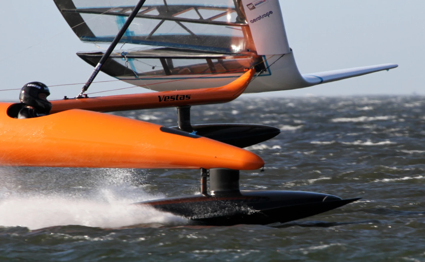 Larsen and the Vestas Sailrocket at high speed. Image copyright Helena Darvelid and Vestas Sailrocket.