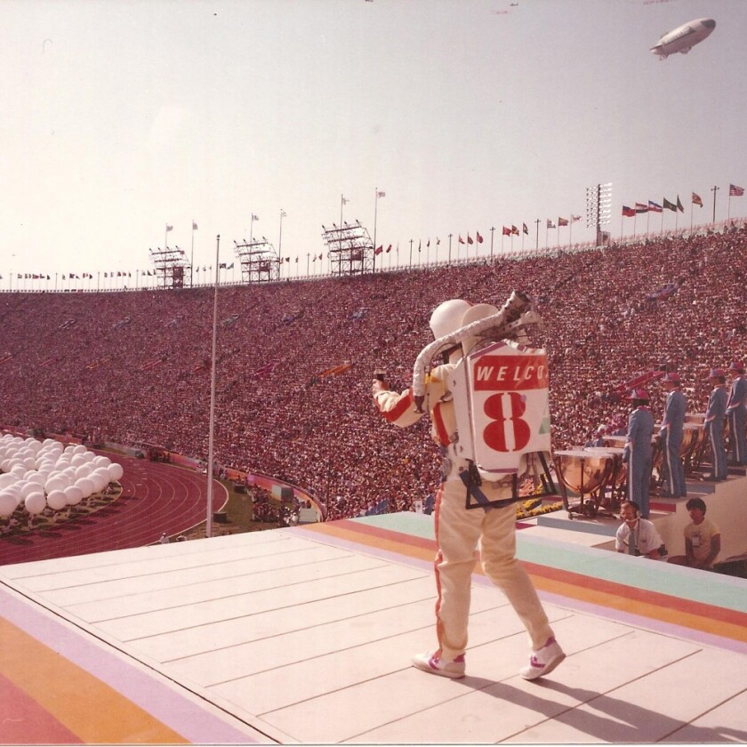 Bill Suitor prepares to fly Tyler's rocketbelt at the 1984 Olympic Games