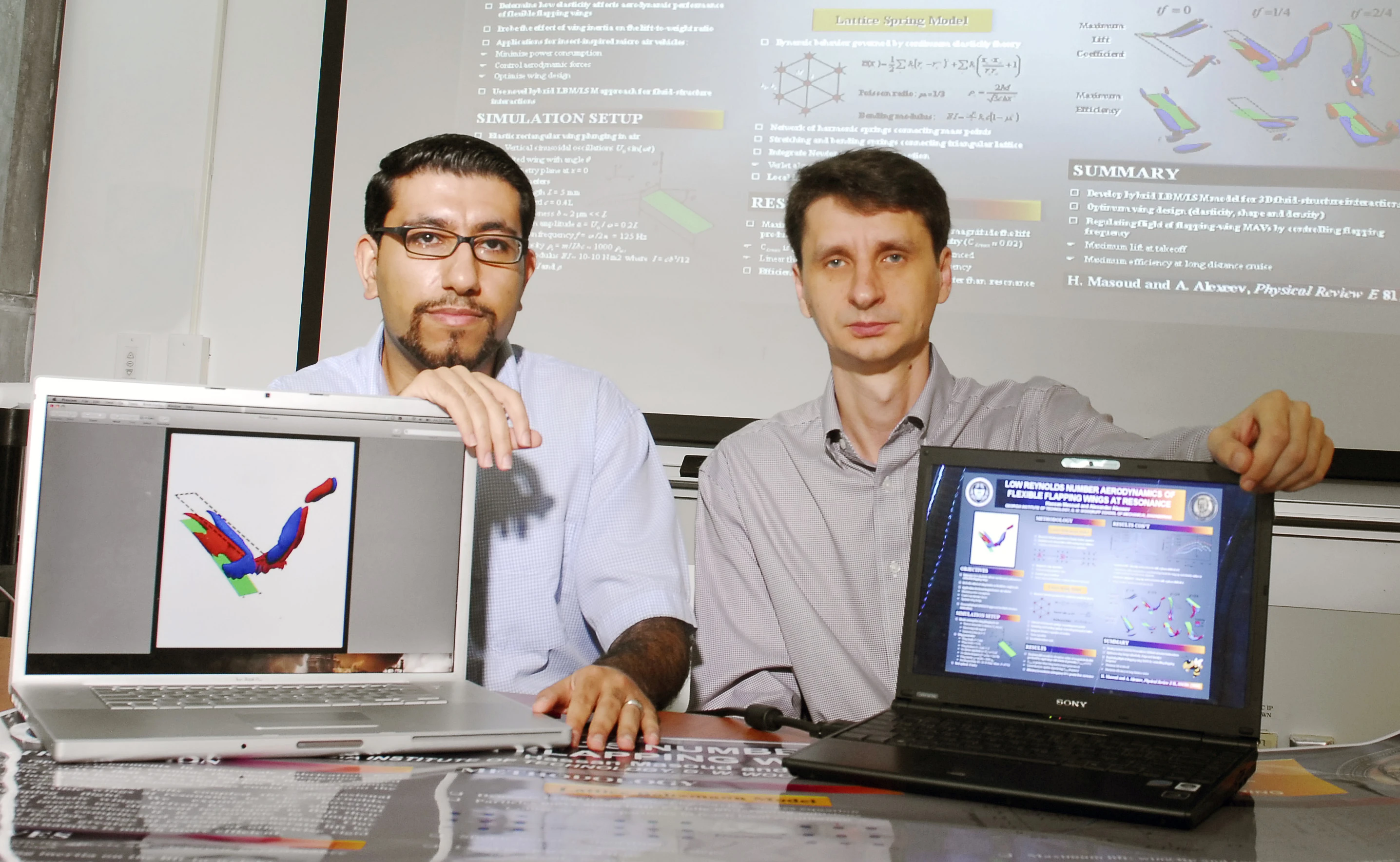 Alexander Alexeev and Hassan Masoud, with their computer model of flapping-wing flight (Photo: Gary Meek)