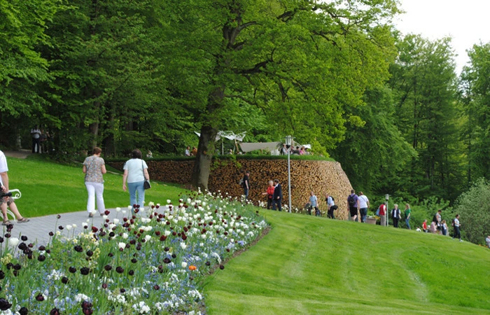 Serpentine garden below, displaying an array of colors with horned violets, pansies, forget-me-nots, tulips and poppies (image by Lutzow 7)
