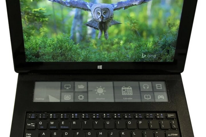 The DisplayCover adds an e-ink display strip below the tablet screen, which can be used as a cut-down Start menu