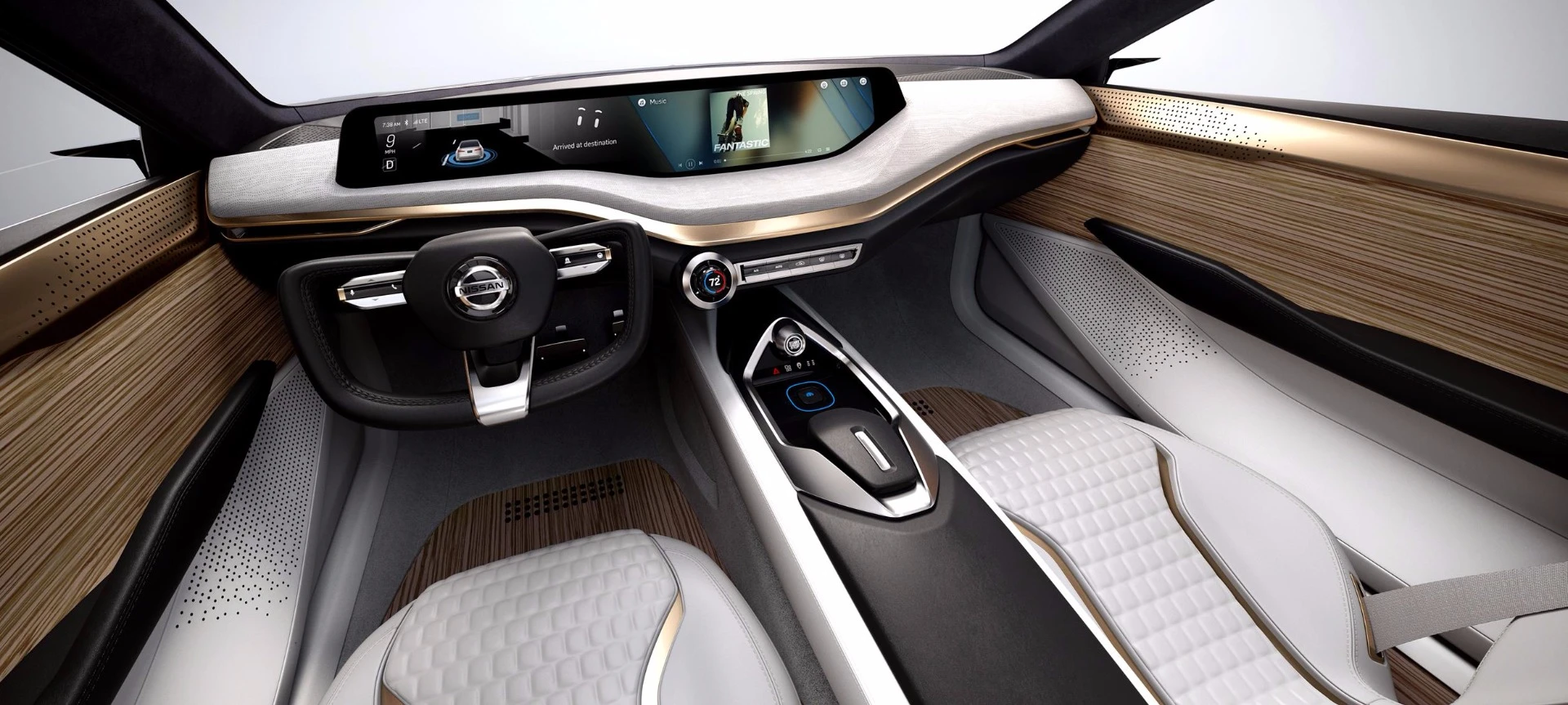 Zebra wood inlay, soft-touch fibers, copper, and leather are the interior’s primary material choices