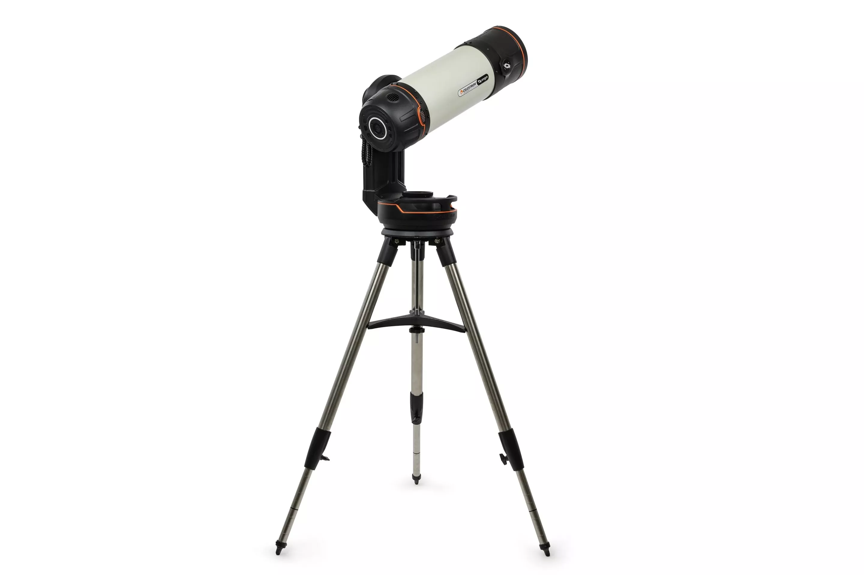 The Celestron Origin smart telescope ships with a full-sized tripod and includes a computerized altazimuth mount
