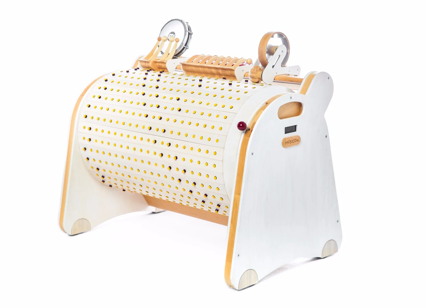 The barrel can auto rotate on mains power or be manually pushed forward and back by the young tunesmith