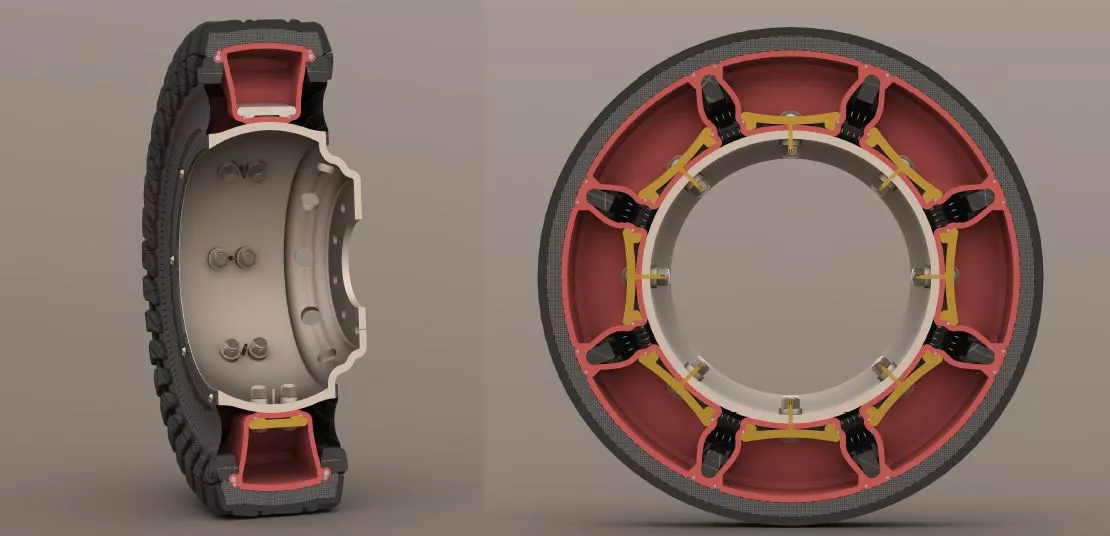 A cut-way view of the automotive version of the Energy Return Wheel