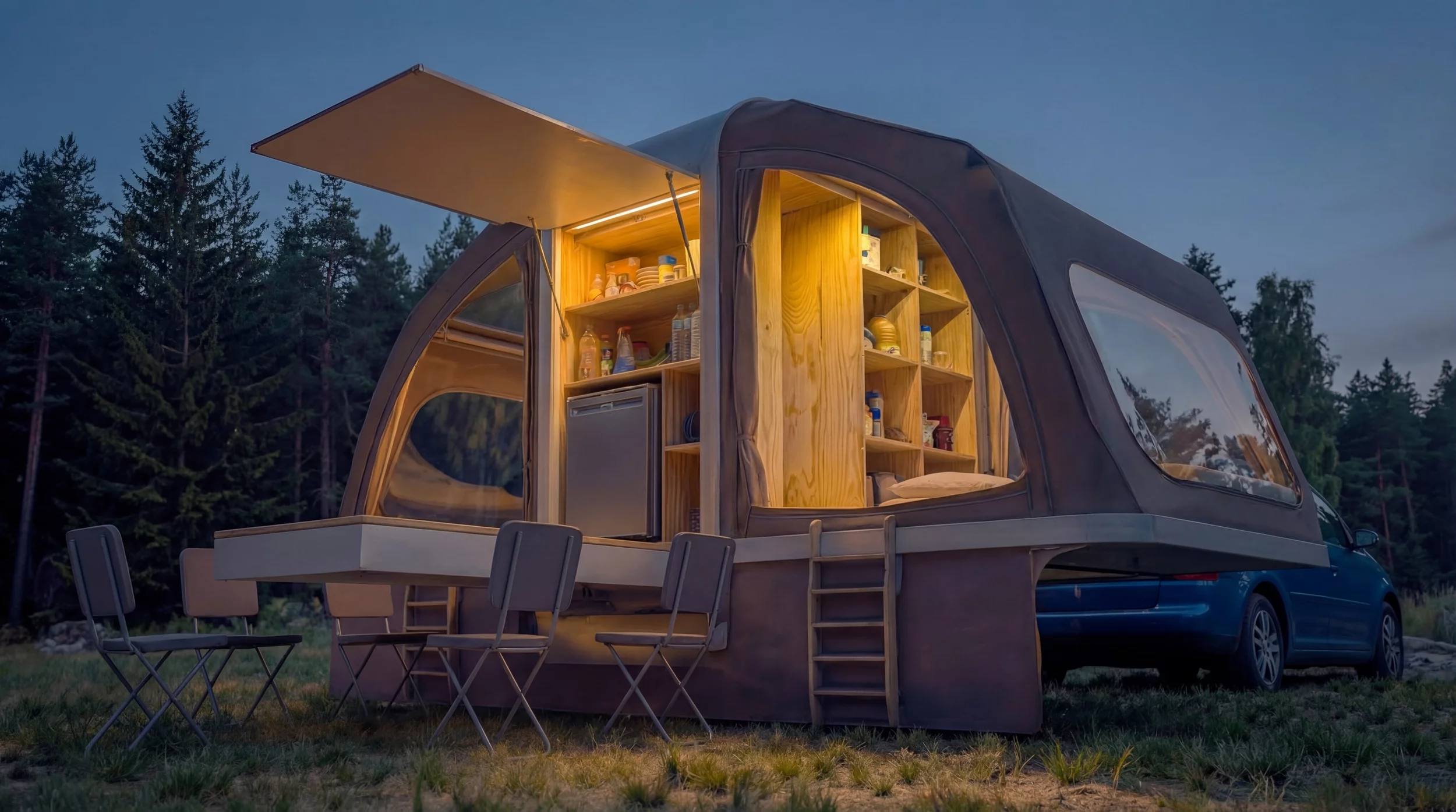 With a few openings, the Wingcube goes from a slim box trailer to a large indoor/outdoor base camp