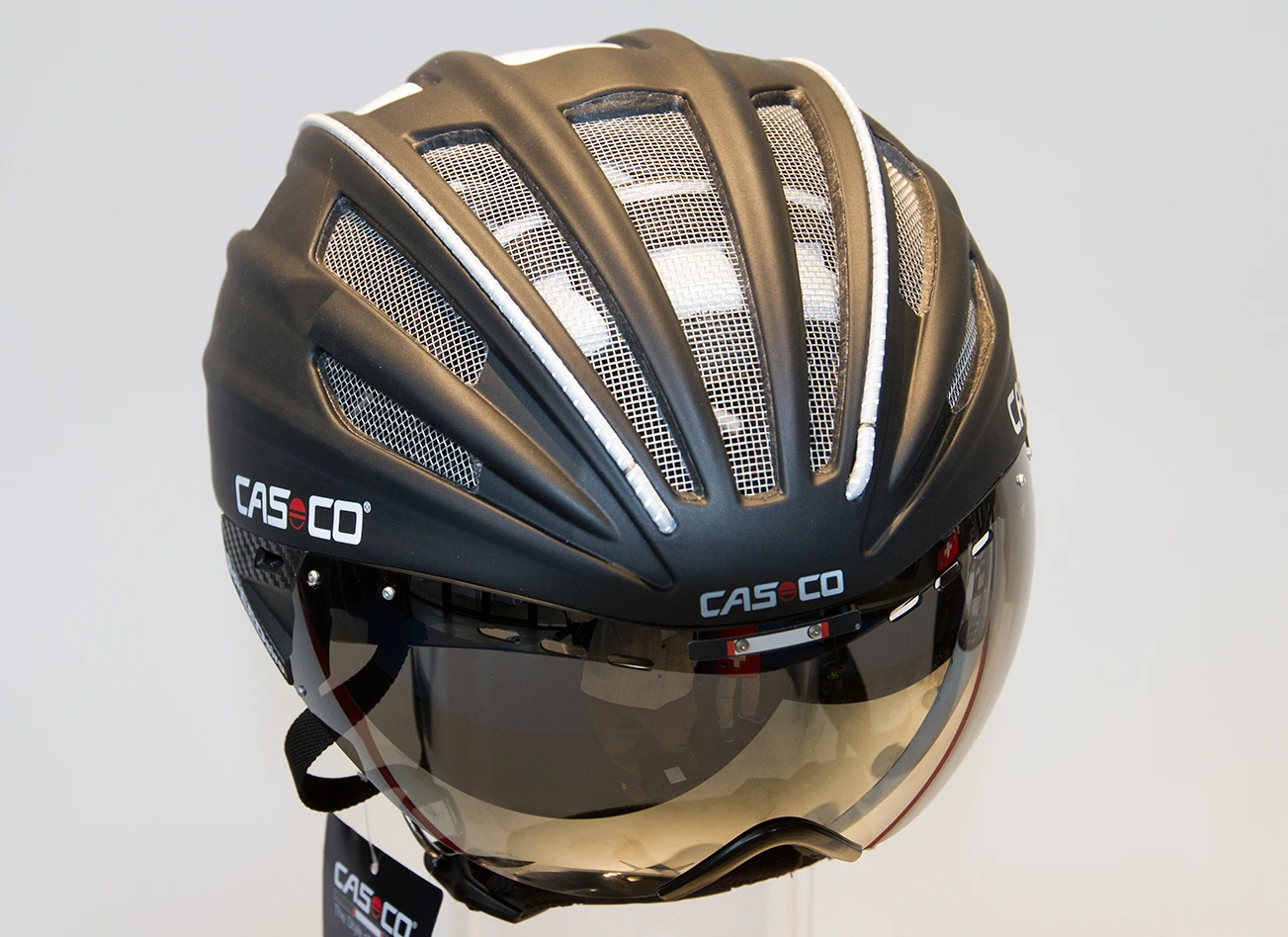 Casco's SPEEDairo helmet with SPEEDmask flip-up visor in the down position