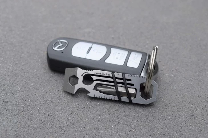 The EverRatchet multitool is available in stainless steel or titanium, weighing 20 g and 12 g (0.7 and 0.4 oz) respectively