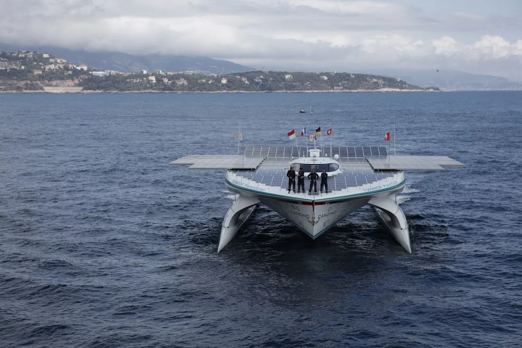 The TURANOR PlanetSolar, as it enters Monaco's Hercule Harbor