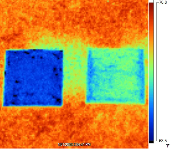 An infrared image comparing the temperature of the new radiative cooling paint (left) and a commercial paint sample (right)