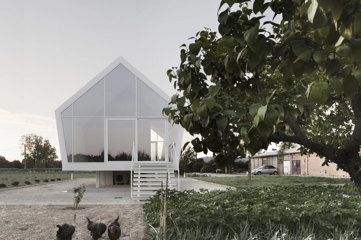 The home is elevated above the ground and is supported by a series of unobtrusive short steel pillars