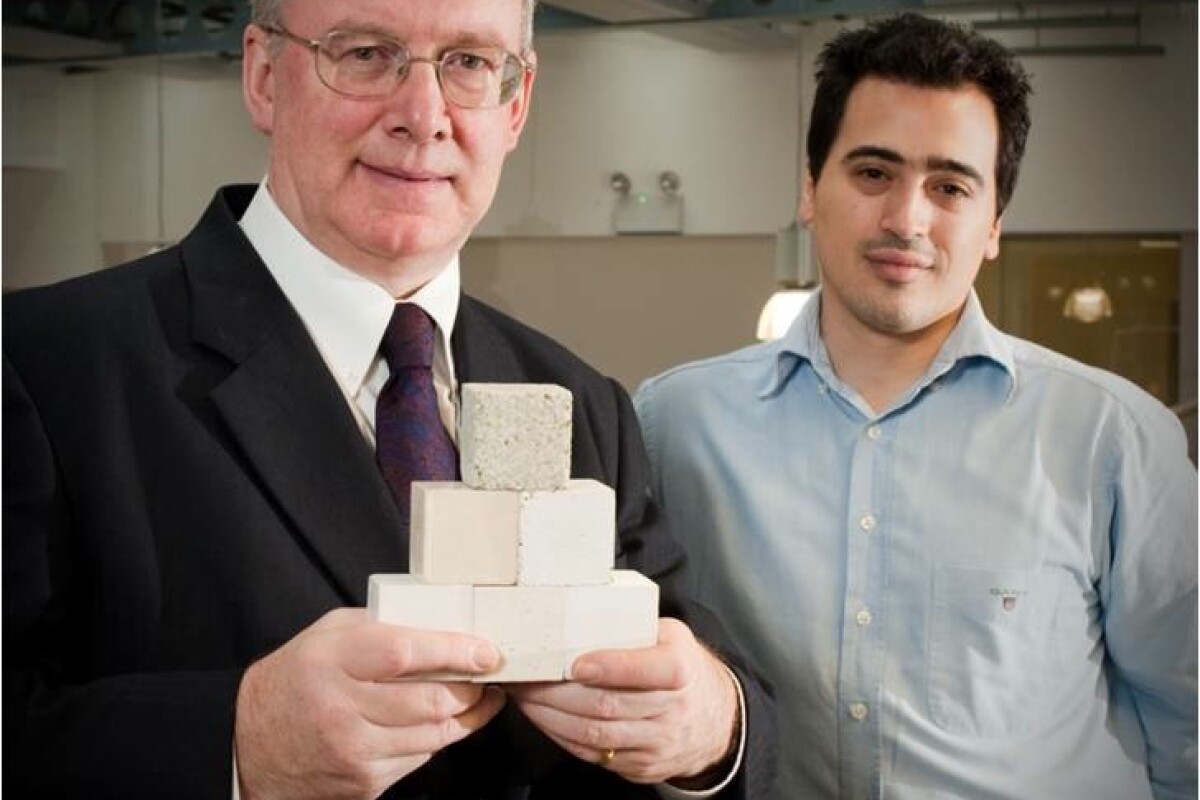 Novacem Chairman Stuart Evans and Chief Scientist Nikolaos Vlasopoulous, with samples of their CO2-absorbing concrete