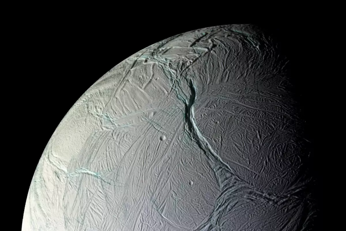 A Cassini image of Enceladus, where a gigantic plume of water has now been spotted