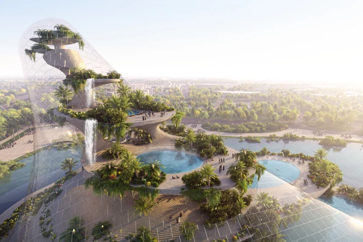 Therme Dubai will be centered around a tower that hosts three waterfalls