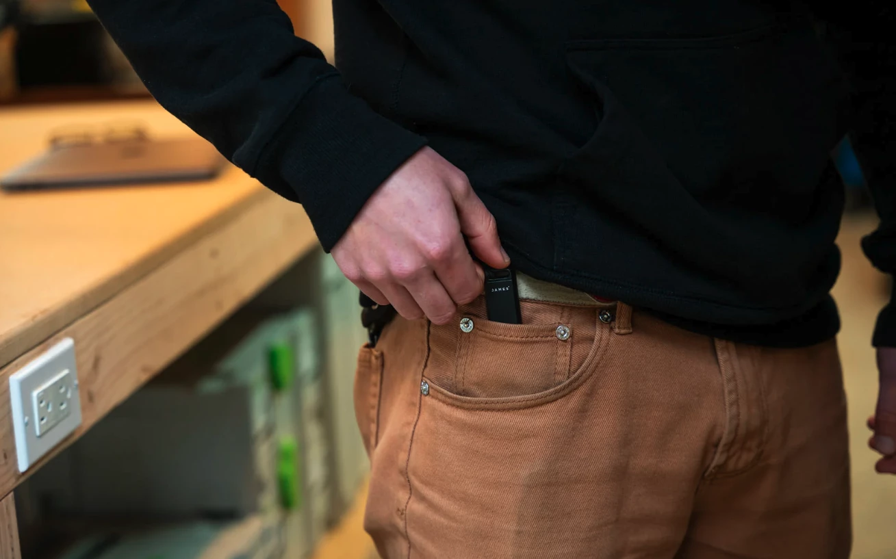 At just 3.6 x 0.9 x 0.5 in, the Warrick is sized to fit easily in a pocket ... even a coin pocket