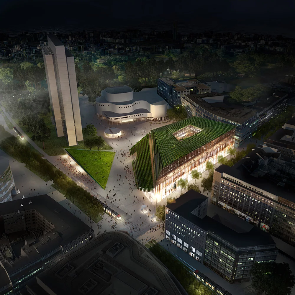 A sloping roof that rises to a height of 10 m (33 ft) will double as a public park