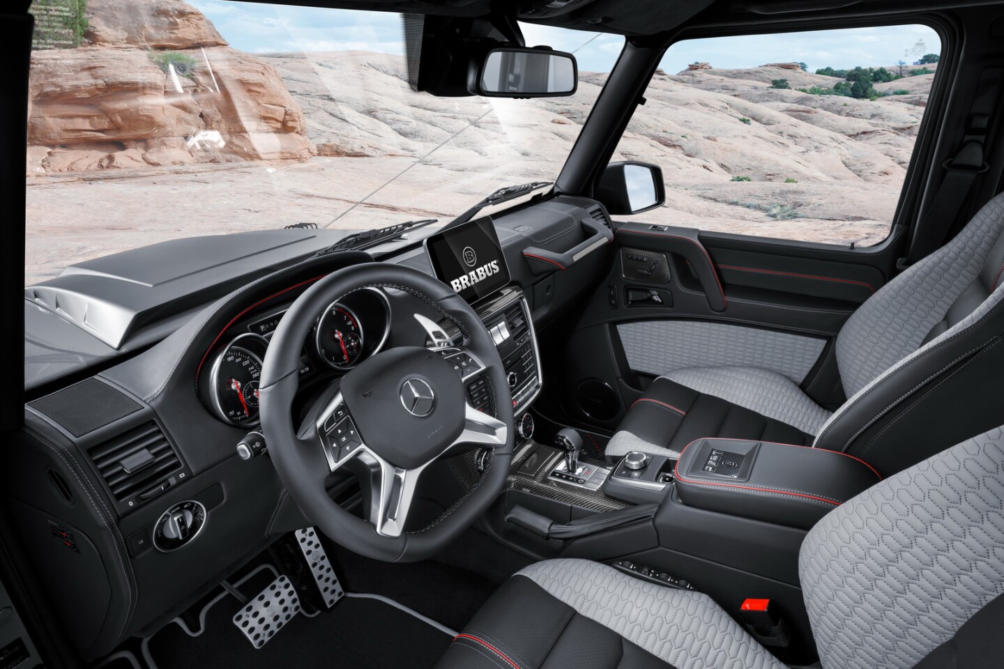 Inside, Brabus uses a combination of fine leather, red piping and aluminum