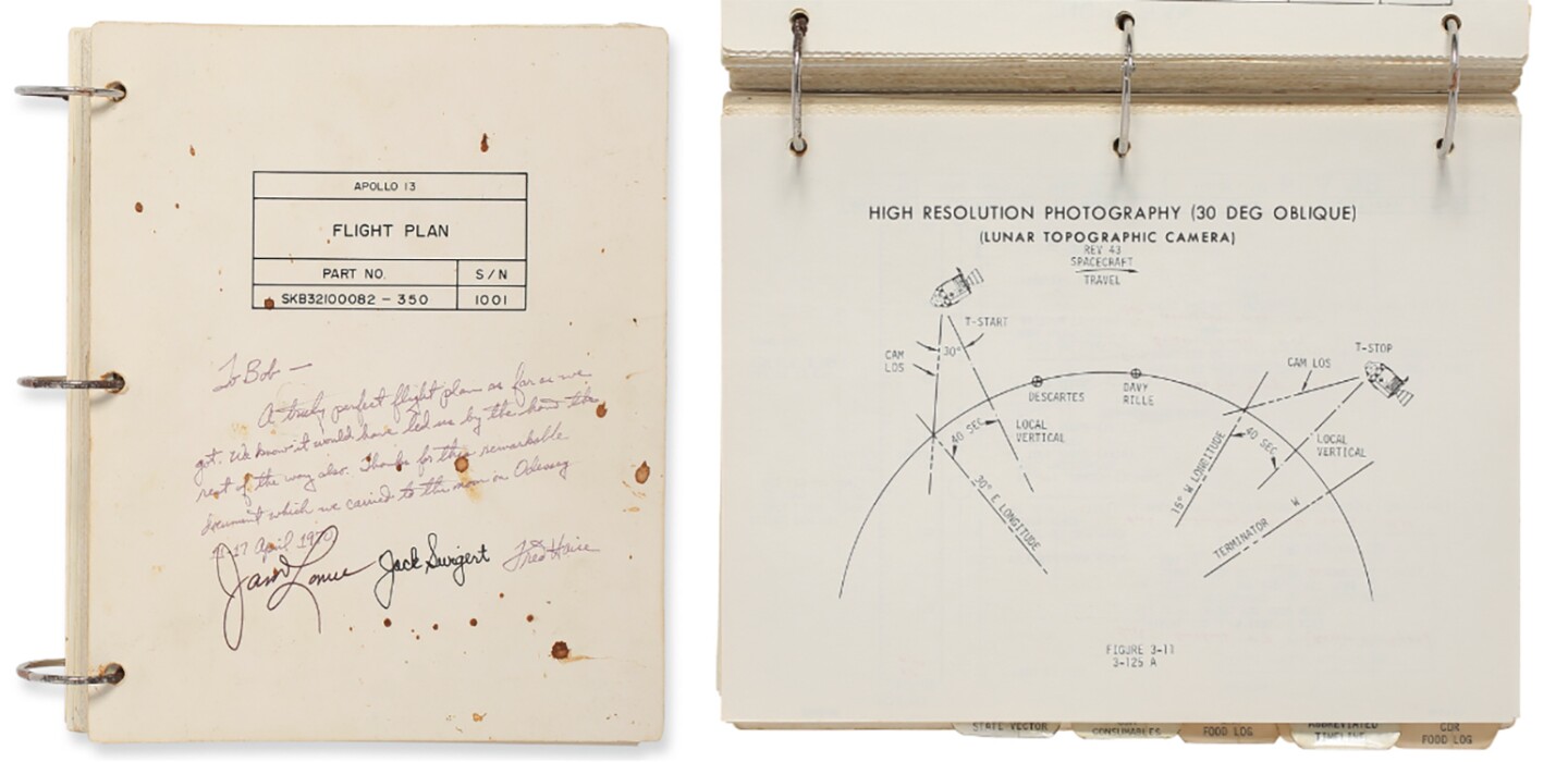 As New Atlas' David Szondy wrote in his preview for the auction of this document, "Apollo 11 was one of the great milestones in human exploration, and Apollo 13 was one of the most dramatic episodes. The flight plan used aboard the Apollo 13 Command Module wasn't just along for the ride, it played a central role in this drama ... The loose-leaf binder not only includes instructions for the crew, but hastily scribbled notes used as the astronauts struggled to survive the return journey to Earth after their spacecraft was damaged." The Apollo 13 Flight Plan sold for $275,000 at Sotheby's on July 20, 2017. Full story