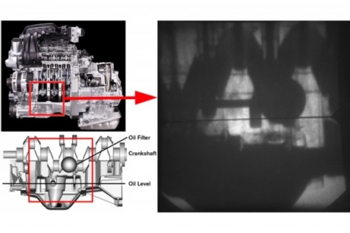 Image of oil flow inside an engine crankcase at high speed