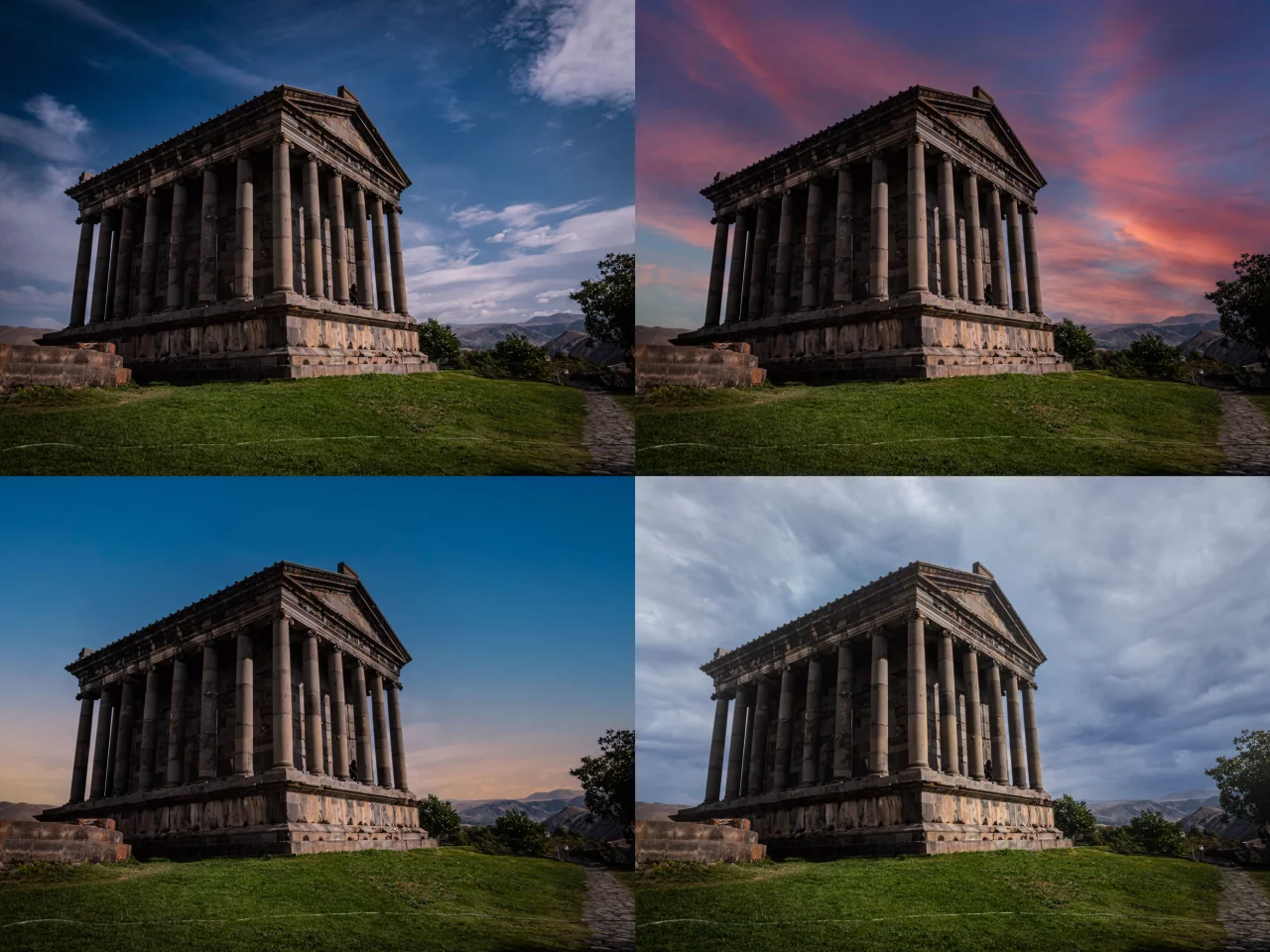 Armenia's Temple of Garni, a Greco-Roman structure not far from Yerevan built somewhere around 2,000 years ago. Photoshop's new Sky Replacement tool gave this shot four different looks in about five minutes. Original is top left