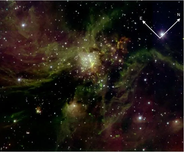 A high-mass star forming region inside the giant molecular cloud S255, at a distance of about 8000 light-years away from Earth, as seen by LUCIFER
