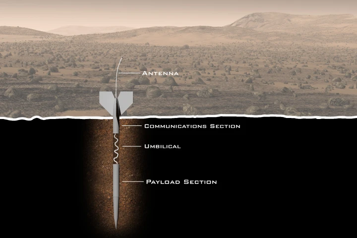 Diagram of the ExoLance penetrator that would search for signs of life below the surface of Mars