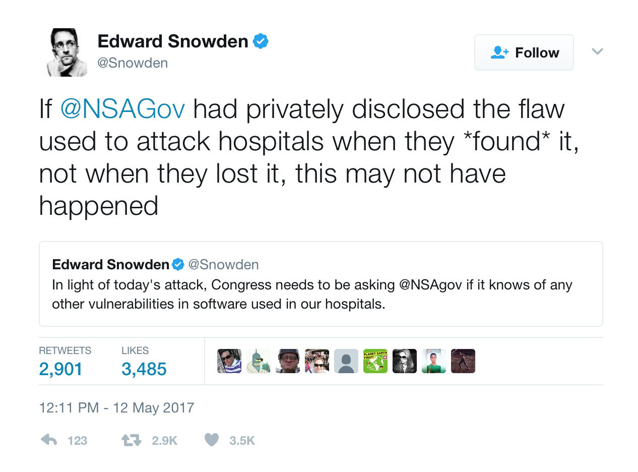 Edward Snowden tweeting the government's role in this incident
