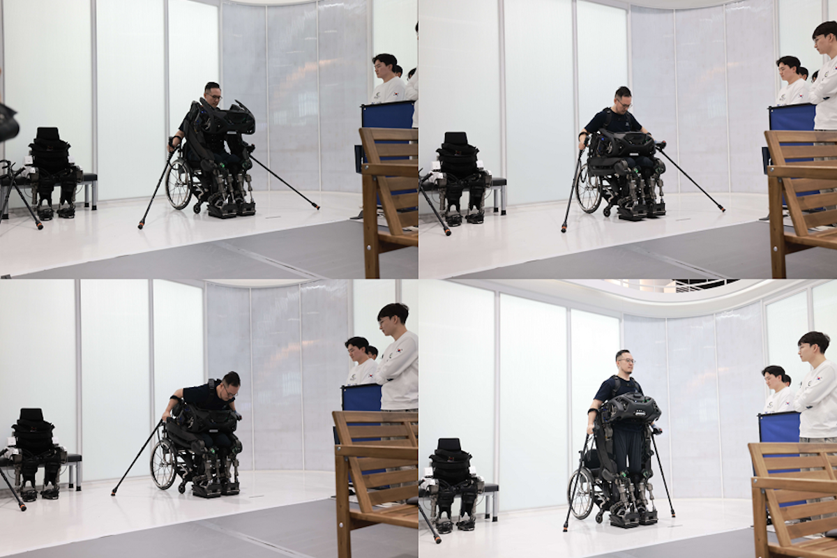 O exoesqueleto WalkON Suit F1 pode caminhar sozinho até um usuário sentado em uma cadeira de rodas, instalar-se, ajudar o usuário a se levantar e, em seguida, fornecer assistência para caminhar
