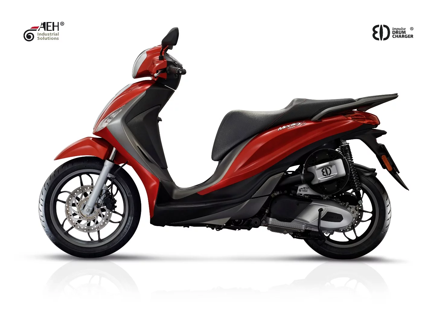 Alter Ego's Drum Charger: CAD render showing where the drum charger might fit on a Piaggio Medley scooter