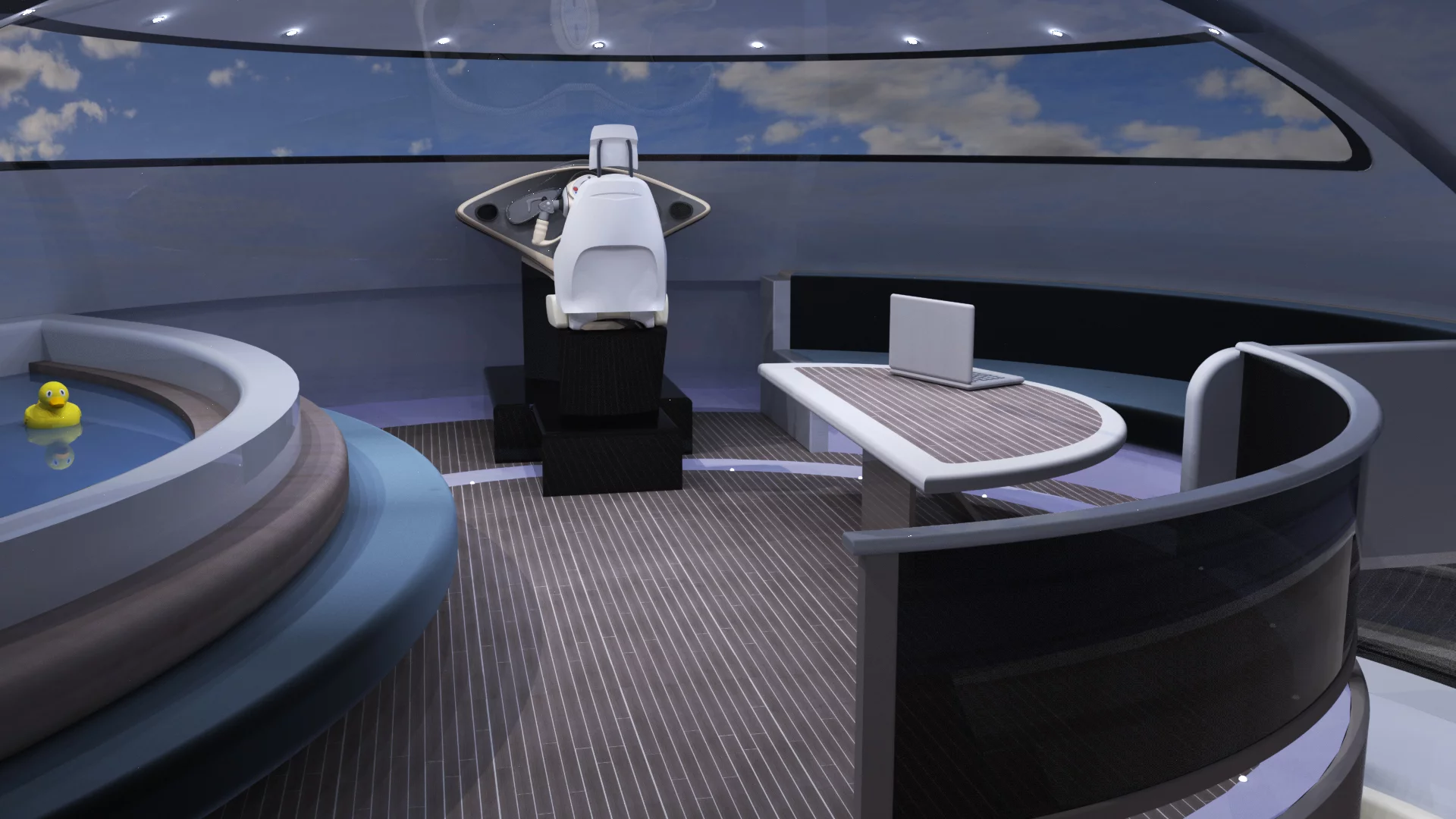 The upper deck of the UFO 2.0 would feature the controls and a hot tub