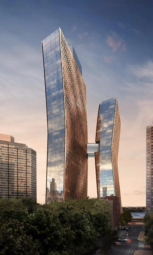 The towers will each have a kink about halfway up, which gives them a sense of motion