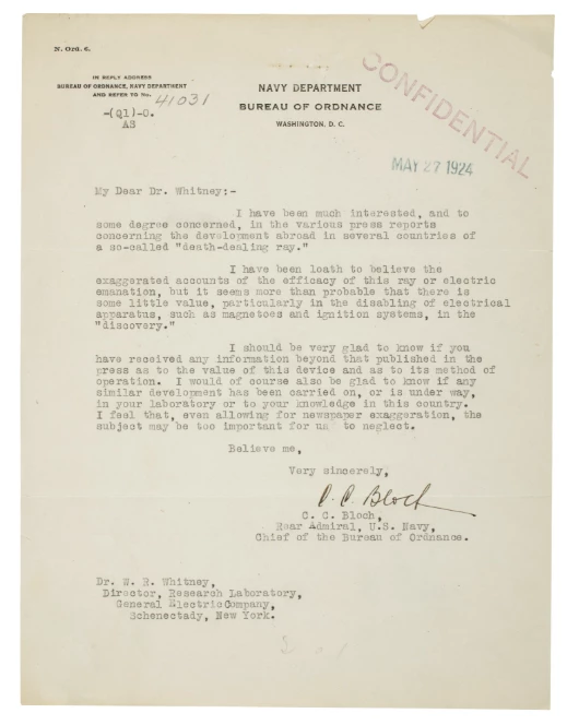 The "Death Ray" cartoon artwork was sold with a letter from Rear Admiral C.C. Bloch of the US Navy addressed to Dr. Whitney, head of the research lab at General Electric, enquiring about the "death ray." The artwork and letter fetched $4,000.