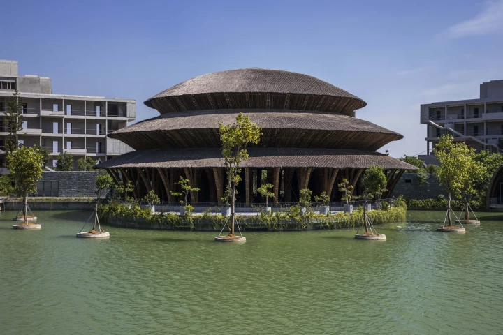 The Vedana Restaurant reaches a height of 18 m (60 ft), making it VTN Architects' tallest bamboo building to date