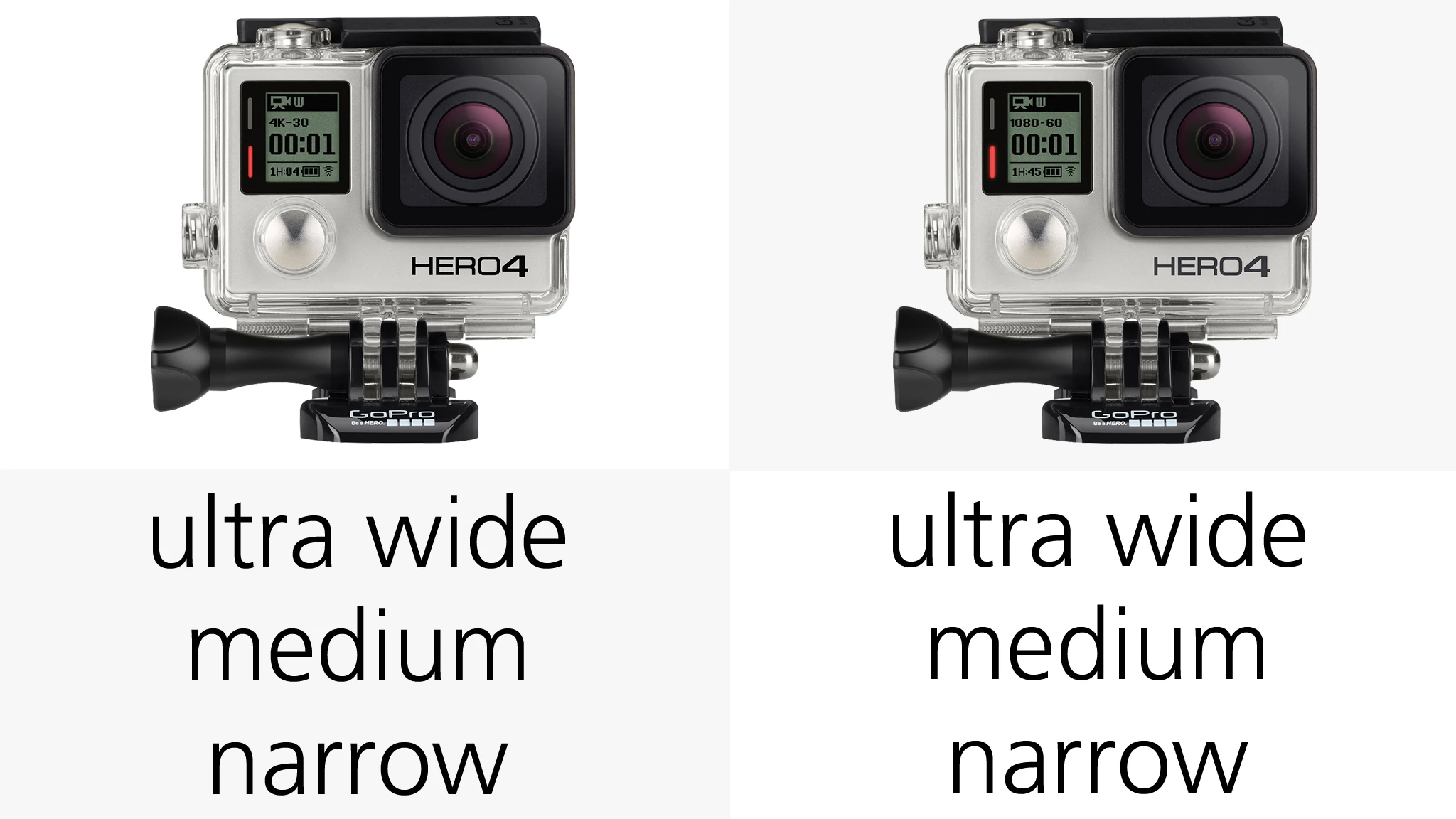 All of the GoPro Hero3+ or Hero4 cameras can shoot in wide, medium or narrow modes