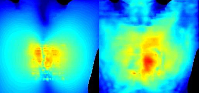 Power delivery to the human heart from a 200MHz low-frequency transmitter (left) and a 1.7GHz high-frequency transmitter (right) (Image: John Ho, Stanford Engineering)