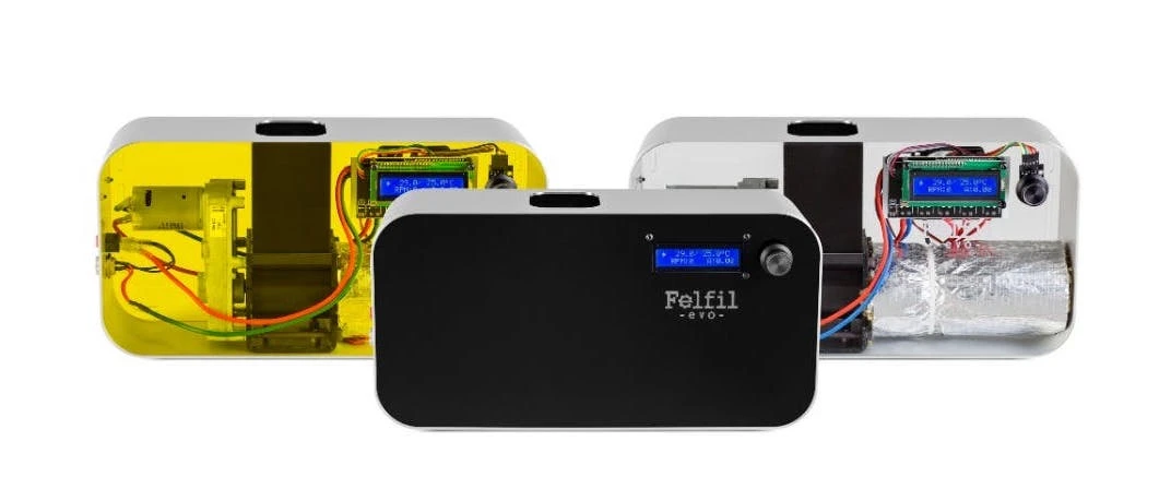 The Felfil Evo domestic filament extruder is available in four colors: yellow transparent, transparent, white or black